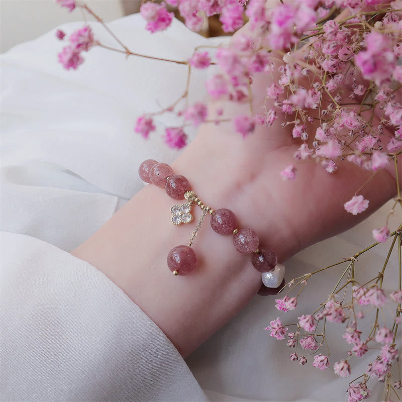 Buddha Stones Natural Strawberry Quartz Pearl Four Leaf Clover Love Bracelet - image 5