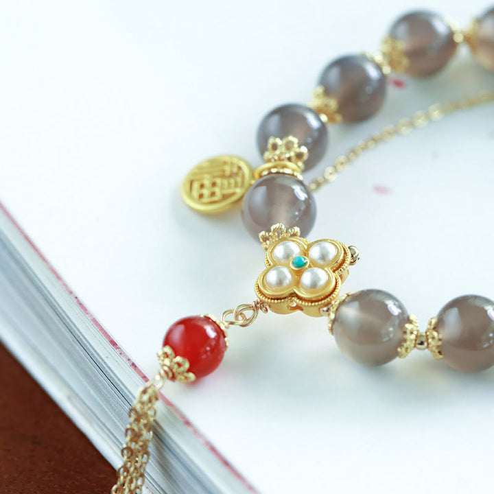 Buddha Stones Natural Gray Agate Fu Character Pearl Tassel Balance Bracelet - image 6