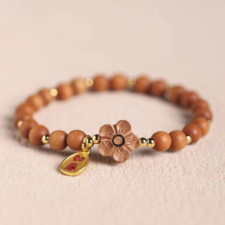 Buddha Stones Natural Sandalwood Peach Blossom Small Leaf Red Sandalwood Ruyi Charm Protection Bracelet - Sandalwood(Protection♥Calm) - image 0