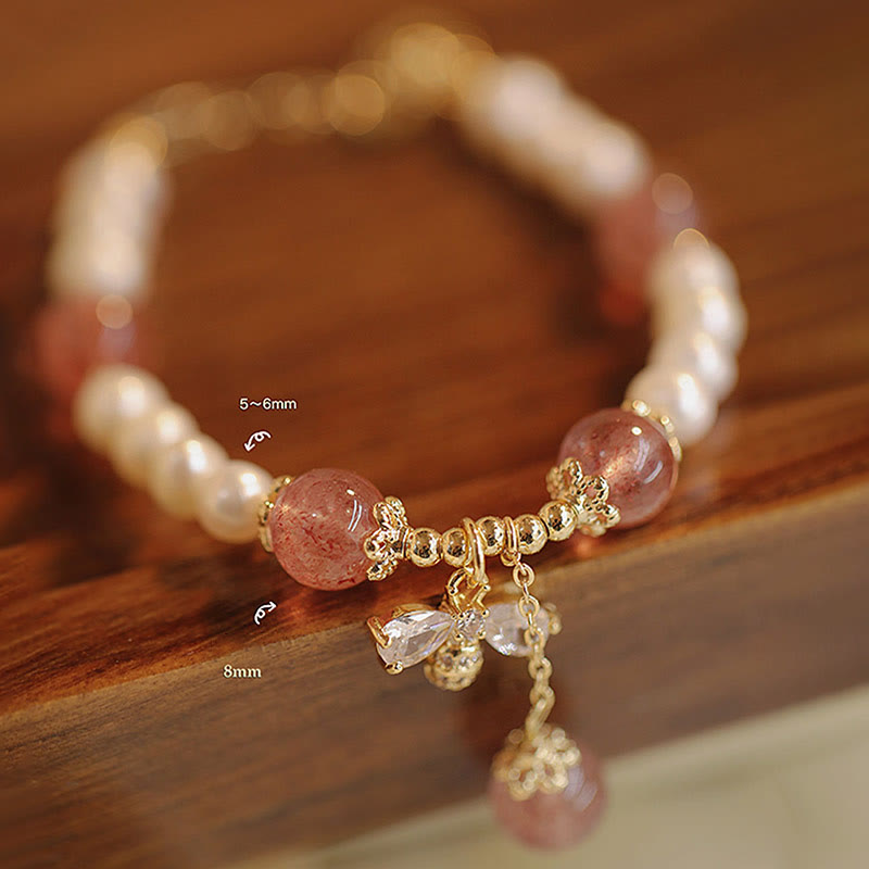 Buddha Stones Natural Pearl Strawberry Quartz Healing Cute Honey Bee Charm Bracelet - image 7