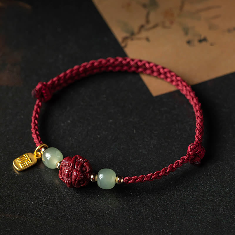 Buddha Stones Natural Cinnabar Chinese Zodiac Hetian Jade Fu Character Luck Rope Bracelet - image 11