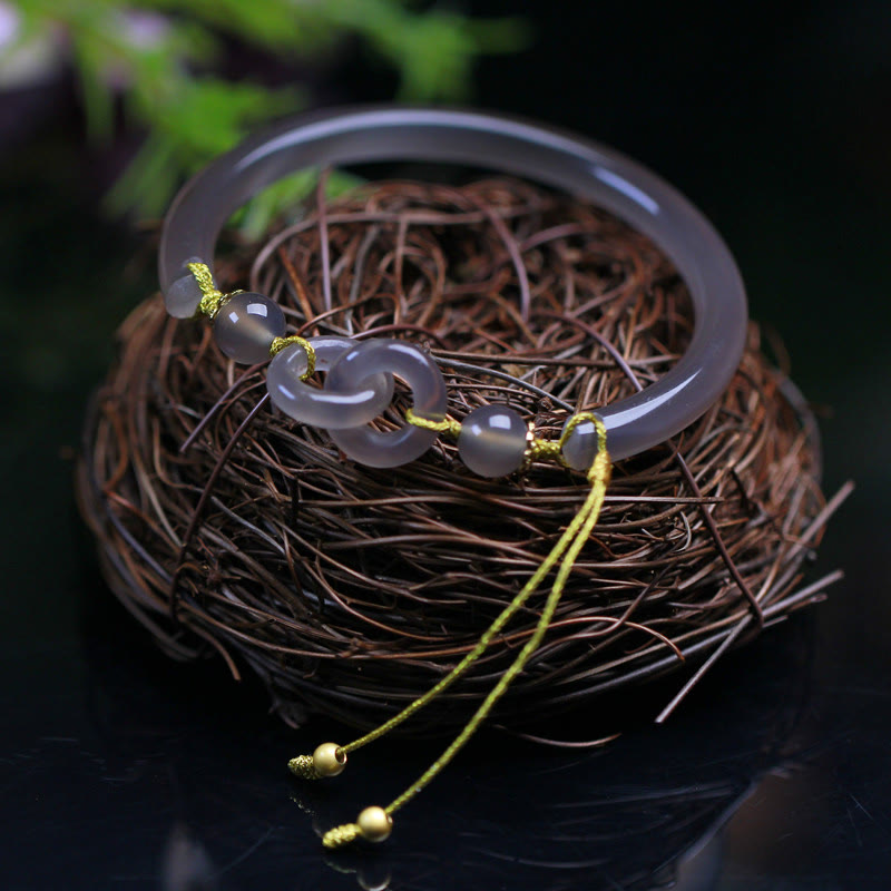 Buddha Stones Natural Gray Agate Double Peace Buckle Balance Bracelet Bangle - Gray Agate(Focus♥Positivity)(Inner Diameter 58-60mm) - image 0