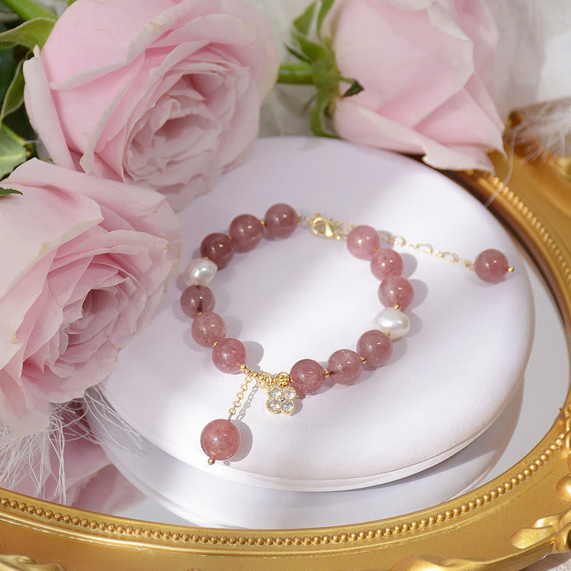 Buddha Stones Natural Strawberry Quartz Pearl Four Leaf Clover Love Bracelet - image 4