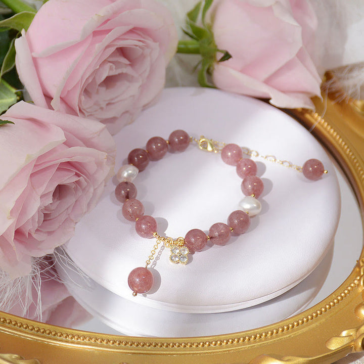 Buddha Stones Natural Strawberry Quartz Pearl Four Leaf Clover Love Bracelet - image 4