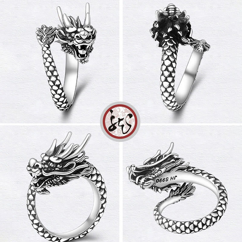 Buddha Stones 990 Sterling Silver Vintage Dragon Design Luck Protection Strength Adjustable Ring - image 9