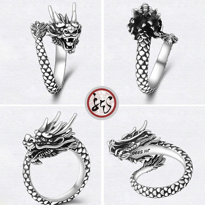 Buddha Stones 990 Sterling Silver Vintage Dragon Design Luck Protection Strength Adjustable Ring - image 9