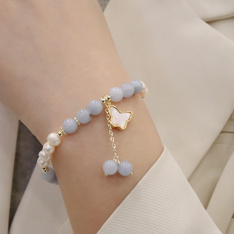 Buddha Stones Natural Aquamarine Pearl Healing Ginkgo Leaf Butterfly Charm Bracelet - Pearl Aquamarine Butterfly(Wrist Circumference 12-14cm) - image 7