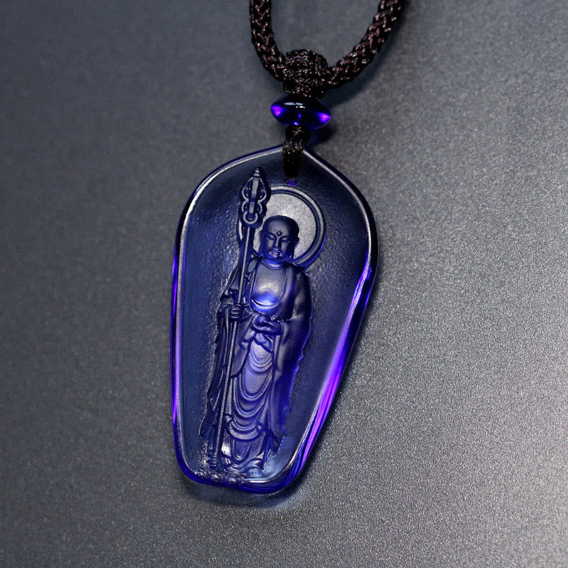 Buddha Stones Ksitigarbha Buddha Liuli Crystal Serenity Amulet Necklace Pendant - Blue Standing Ksitigarbha - image 7