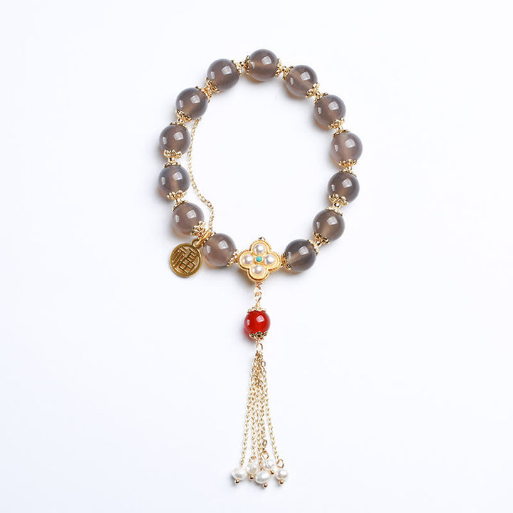 Buddha Stones Natural Gray Agate Fu Character Pearl Tassel Balance Bracelet - image 16
