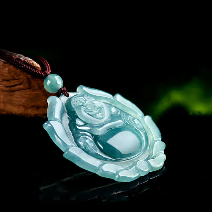 Buddha Stones Natural Jade Laughing Buddha Lotus Pattern Luck Necklace Pendant - image 4