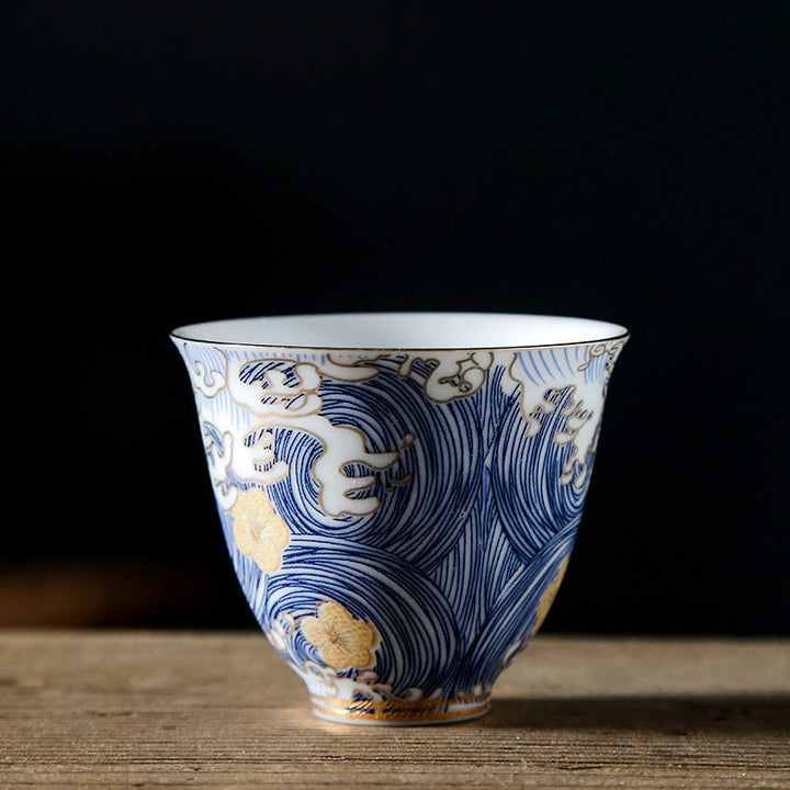 Buddha Stones Vintage Ocean Sea Waves Ceramic Teacup Tea Cups - Blue 6cm*5.5cm*60ml - image 0