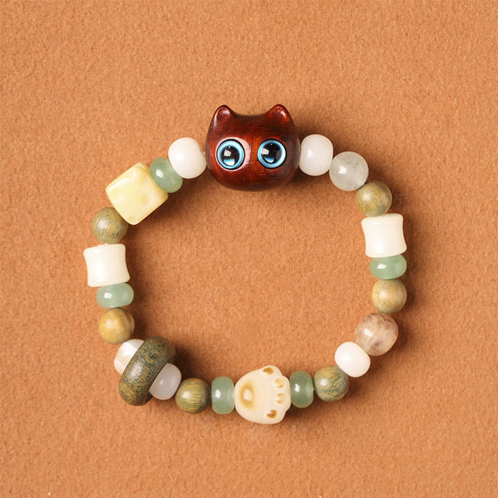 Buddha Stones Bodhi Seed Green Sandalwood Ebony Wood Small Leaf Red Sandalwood Cat Head Paw Claw Peace Bracelet - Small Leaf Red Sandalwood Cat (Blue Eyes)(Wrist Circumference 14-16cm) - image 9