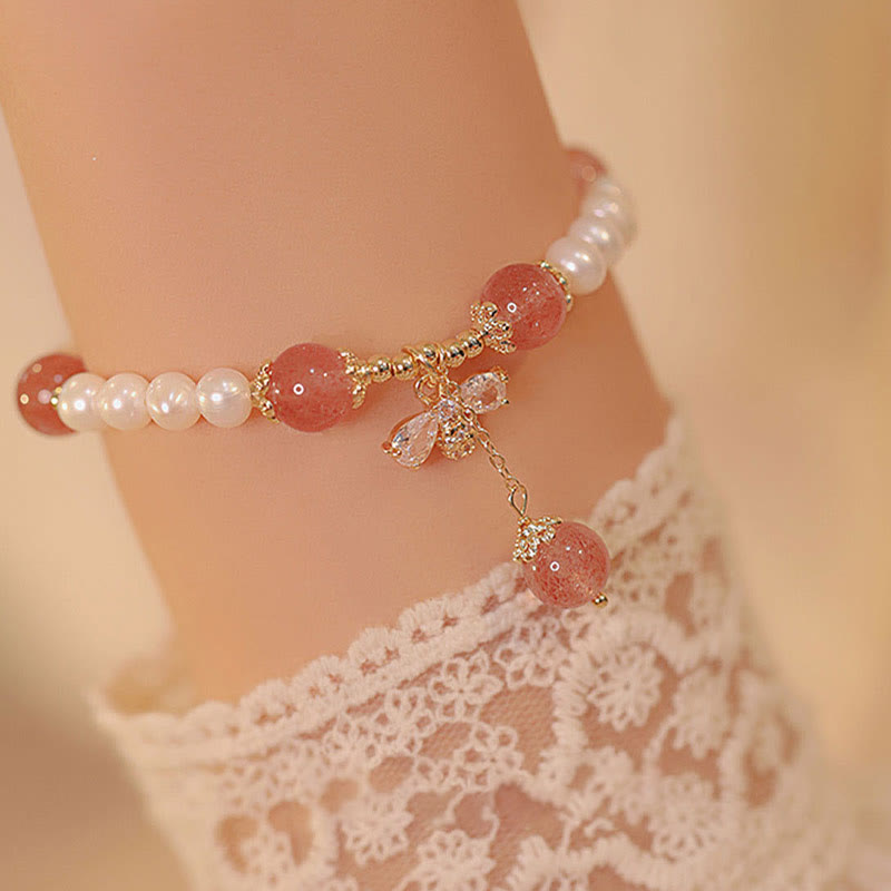 Buddha Stones Natural Pearl Strawberry Quartz Healing Cute Honey Bee Charm Bracelet - image 1