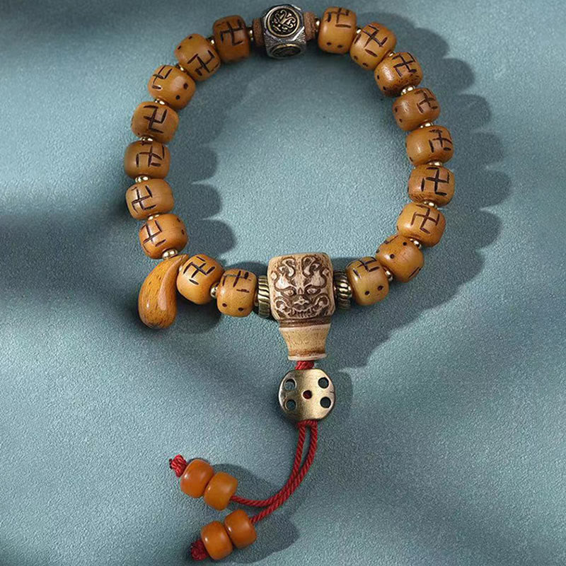 Buddha Stones Natural Tibetan Camel Bone Swastika Dzi Bead Shankha Buddha Charm Kirtimukha Luck Protection Tassel Bracelet - image 13