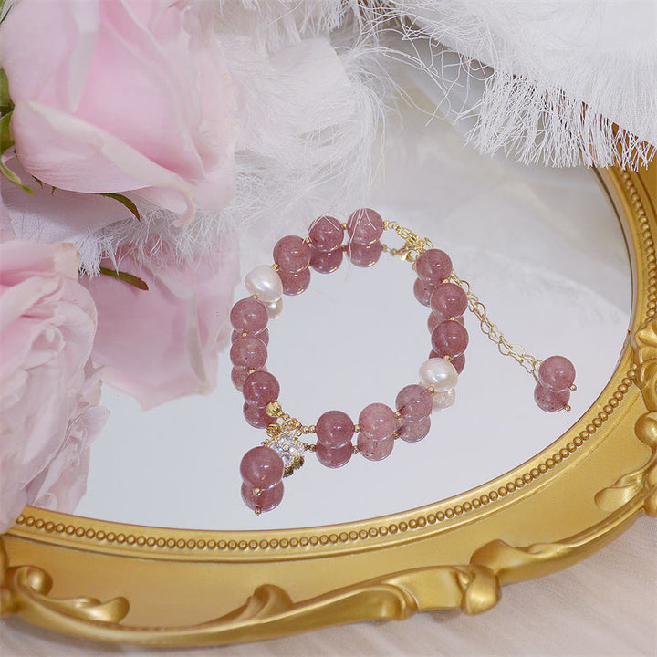 Buddha Stones Natural Strawberry Quartz Pearl Four Leaf Clover Love Bracelet - image 3