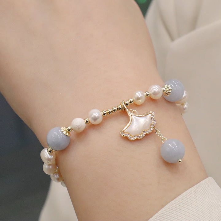Buddha Stones Natural Aquamarine Pearl Healing Ginkgo Leaf Butterfly Charm Bracelet - Pearl Aquamarine Ginkgo Leaf(Wrist Circumference 12-14cm) - image 2