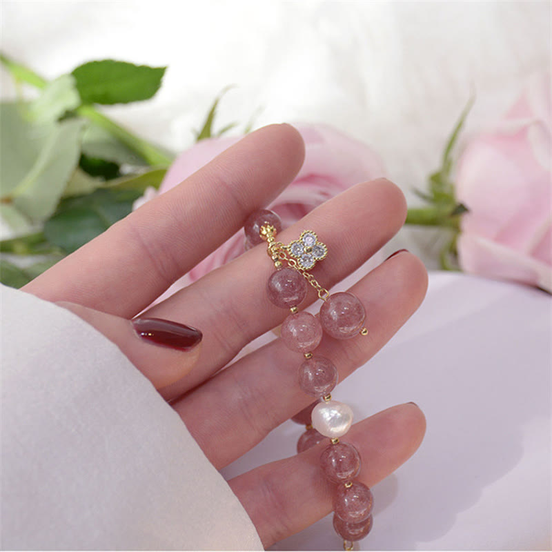 Buddha Stones Natural Strawberry Quartz Pearl Four Leaf Clover Love Bracelet - image 8