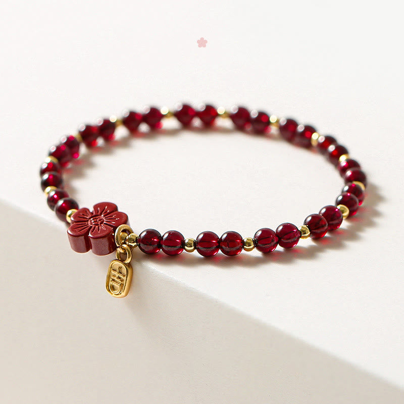 Buddha Stones 14K Gold Natural Garnet Cinnabar Flower Calm Bracelet - image 2