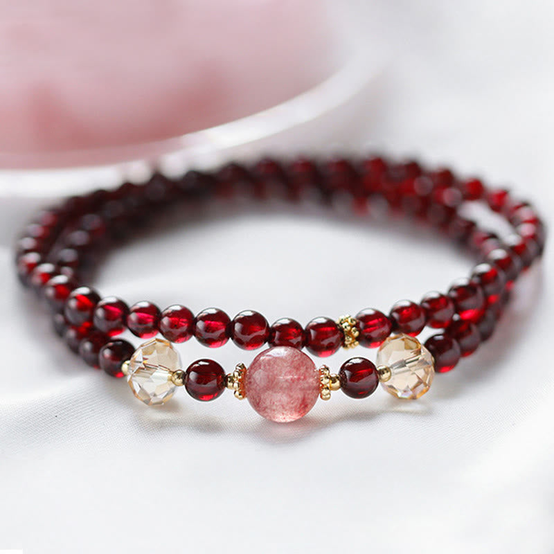Buddha Stones 14K Gold Plated Natural Garnet Strawberry Quartz Stability Double Wrap Bracelet - image 3