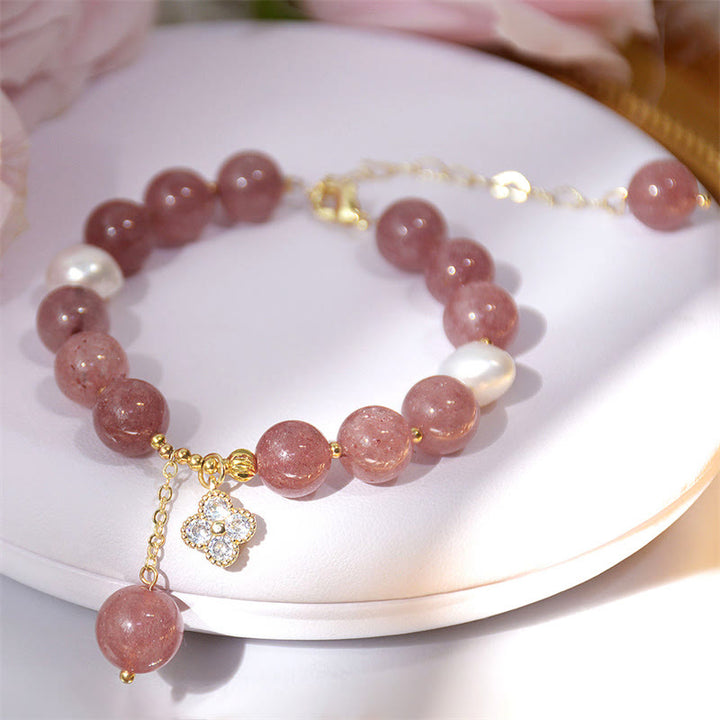 Buddha Stones Natural Strawberry Quartz Pearl Four Leaf Clover Love Bracelet - Strawberry Quartz(Love♥Healing) - image 0