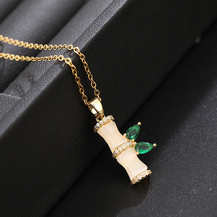 Buddha Stones 18K Gold Plated Chalcedony Bamboo Rhinestones Harmony Necklace Pendant - image 1