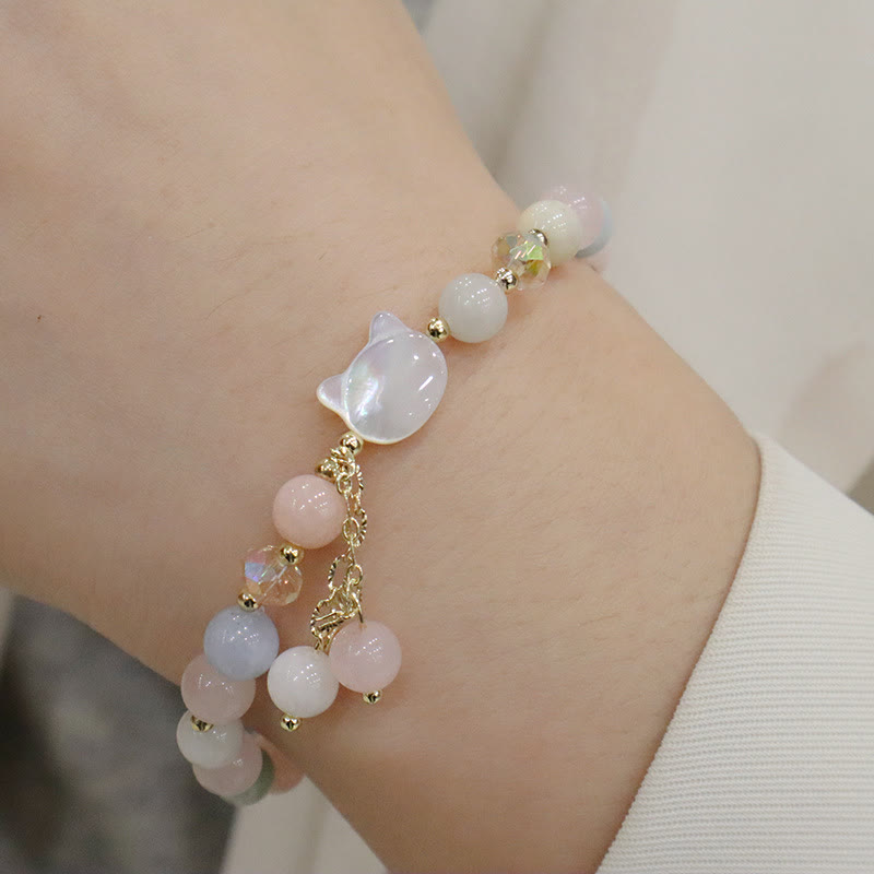 Buddha Stones Natural Strawberry Quartz Morganite Tridacna Stone Cat Love Bracelet - image 6