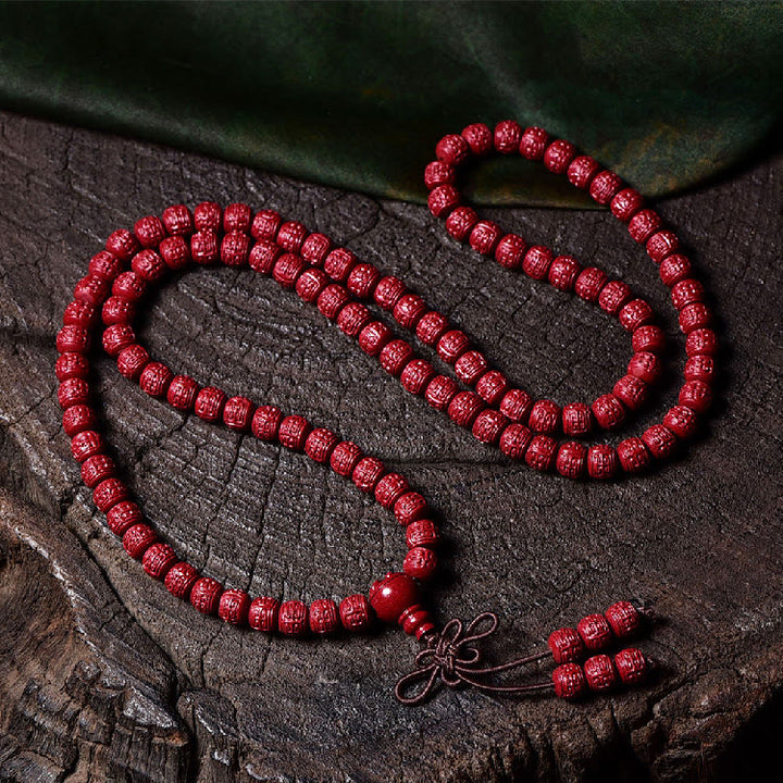 Buddha Stones 108 Mala Beads Cinnabar Om Mani Padme Hum Pattern Engraved Blessing Bracelet - 6mm*108 Barrel Beads Engraved - image 11