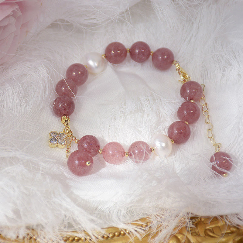 Buddha Stones Natural Strawberry Quartz Pearl Four Leaf Clover Love Bracelet - image 1