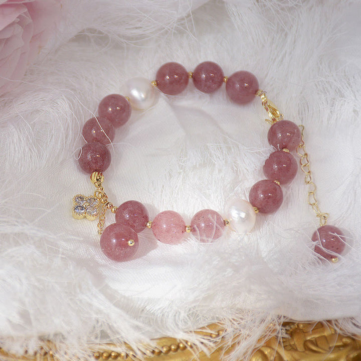 Buddha Stones Natural Strawberry Quartz Pearl Four Leaf Clover Love Bracelet - image 1