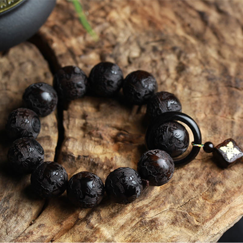 Buddha Stones Ebony Wood Chinese Character Yin Yang Engraved Gourd Balance Bracelet - image 8