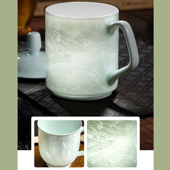 Buddha Stones Jingdezhen White Porcelain Handmade Great Wall Landscape Engraved Ceramic Teacup Office Mug Tea Cups - image 5