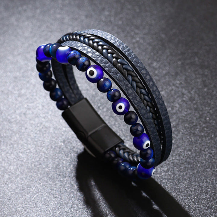 Buddha Stones Evil Eye Tiger Eye Protection Beaded Multilayered Braided Bracelet - Dark Blue - 23cm - image 0