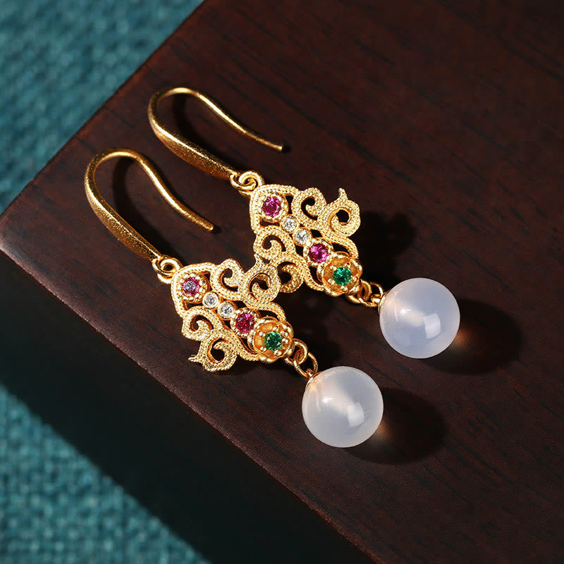 Buddha Stones 24K Gold Plated Round Chalcedony Positive Dangle Drop Earrings - image 1