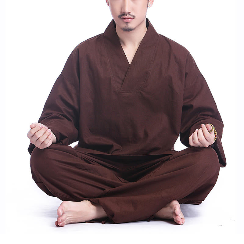 Buddha Stones Meditation Prayer V-neck Design Cotton Linen Spiritual Zen Practice Yoga Clothing Men's Set - Brown - US/UK/AU44,EU54 (3XL) - image 0