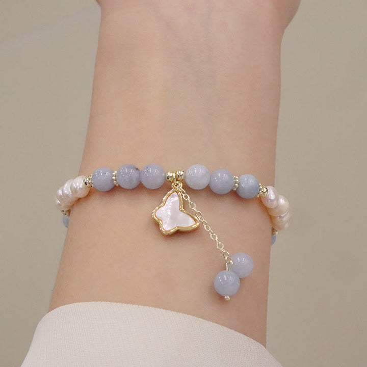Buddha Stones Natural Aquamarine Pearl Healing Ginkgo Leaf Butterfly Charm Bracelet - image 10