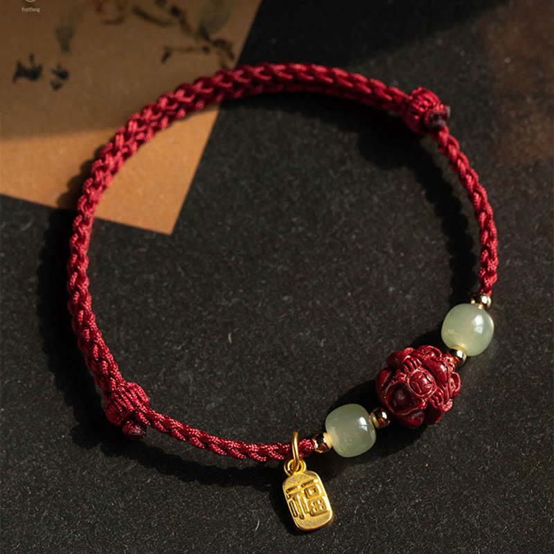 Buddha Stones Natural Cinnabar Chinese Zodiac Hetian Jade Fu Character Luck Rope Bracelet - image 15