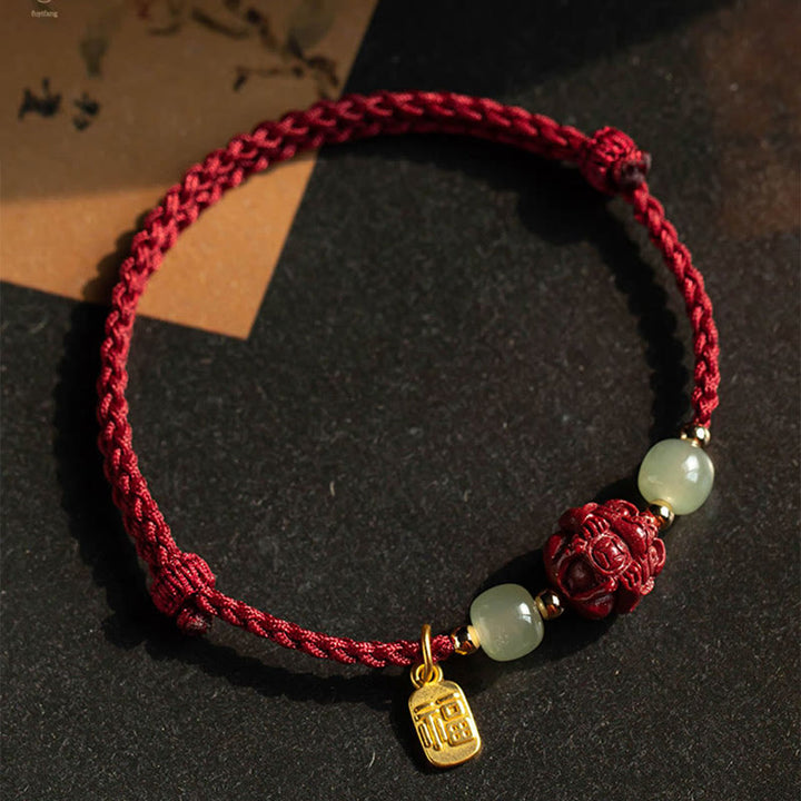 Buddha Stones Natural Cinnabar Chinese Zodiac Hetian Jade Fu Character Luck Rope Bracelet - image 15