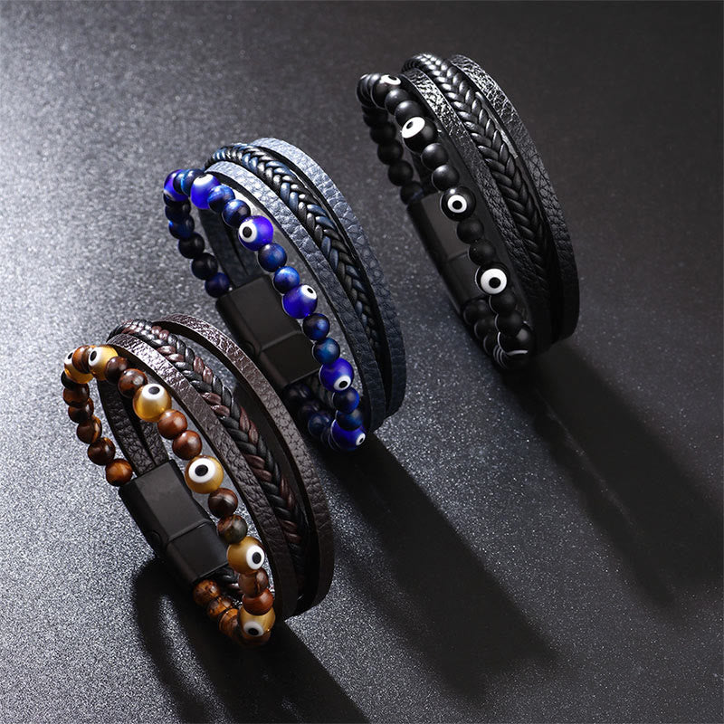 Buddha Stones Evil Eye Tiger Eye Protection Beaded Multilayered Braided Bracelet - image 1