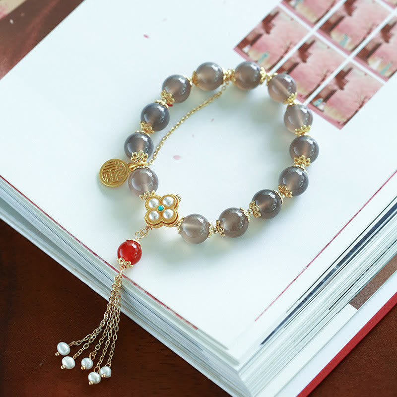 Buddha Stones Natural Gray Agate Fu Character Pearl Tassel Balance Bracelet - image 5