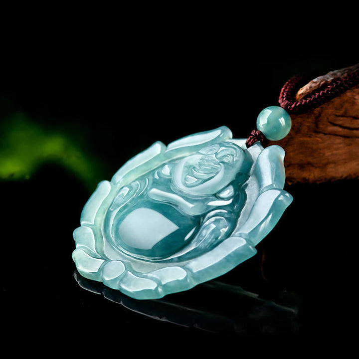 Buddha Stones Natural Jade Laughing Buddha Lotus Pattern Luck Necklace Pendant - image 5