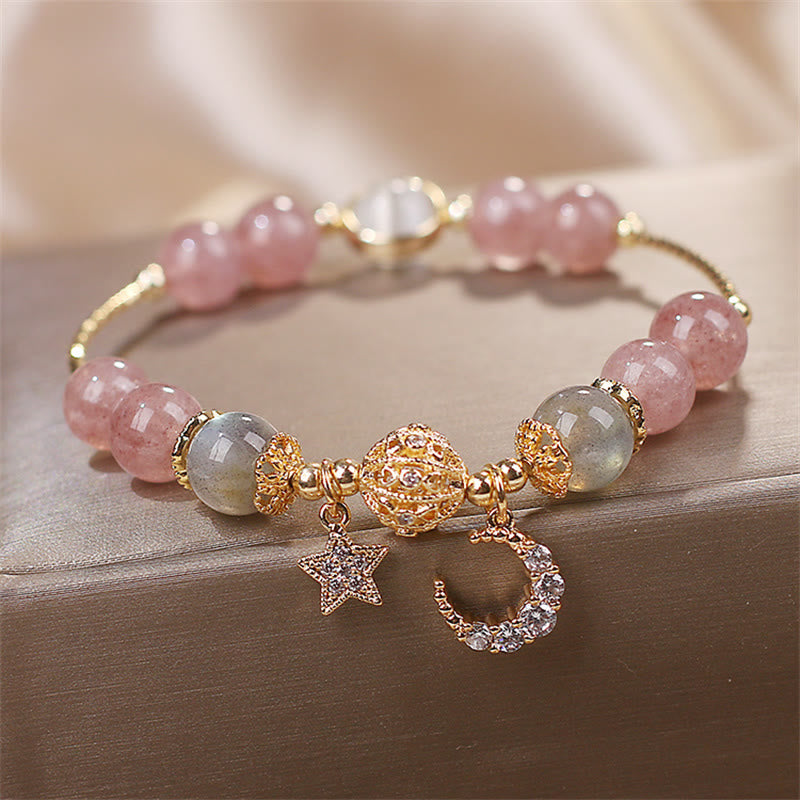 Buddha Stones Strawberry Quartz Moonstone Moon Star Love Bracelet - image 3
