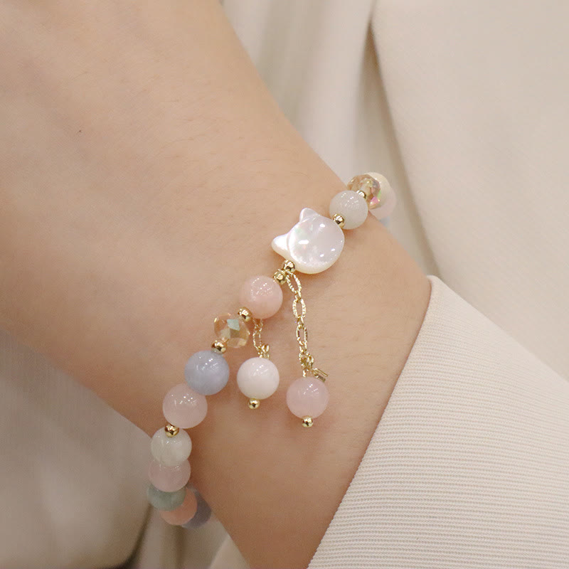 Buddha Stones Natural Strawberry Quartz Morganite Tridacna Stone Cat Love Bracelet - Morganite Tridacna Stone Cat(Wrist Circumference 12-14cm) - image 3