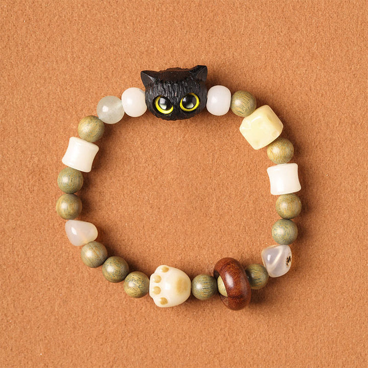 Buddha Stones Bodhi Seed Green Sandalwood Ebony Wood Small Leaf Red Sandalwood Cat Head Paw Claw Peace Bracelet - Ebony Wood Cute Cat(Yellow Eyes)(Wrist Circumference 14-16cm) - image 15