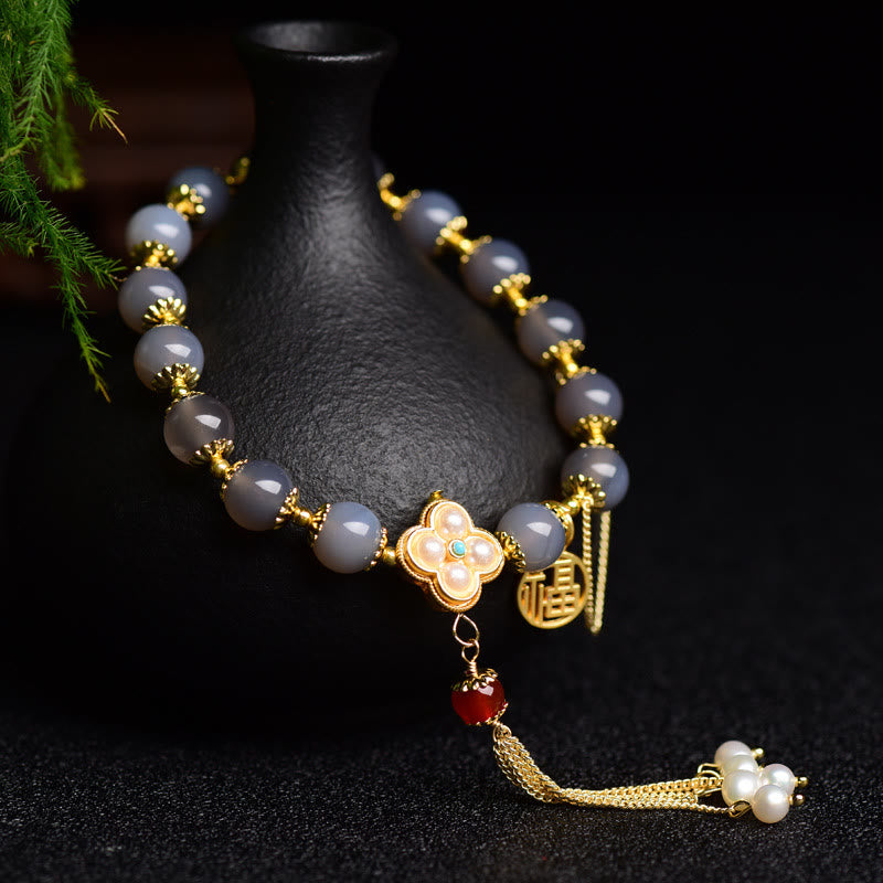 Buddha Stones Natural Gray Agate Fu Character Pearl Tassel Balance Bracelet - image 1
