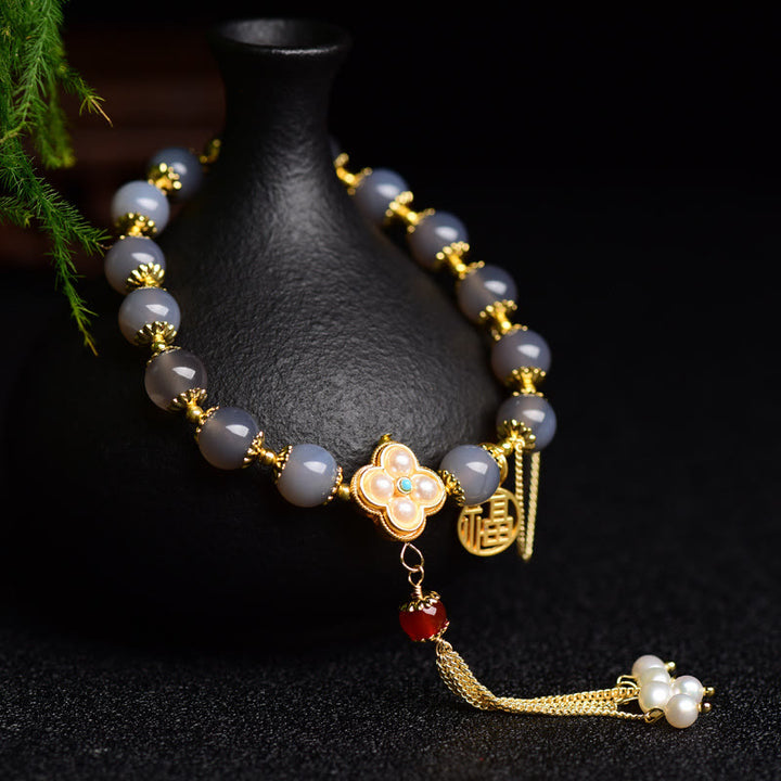 Buddha Stones Natural Gray Agate Fu Character Pearl Tassel Balance Bracelet - image 1