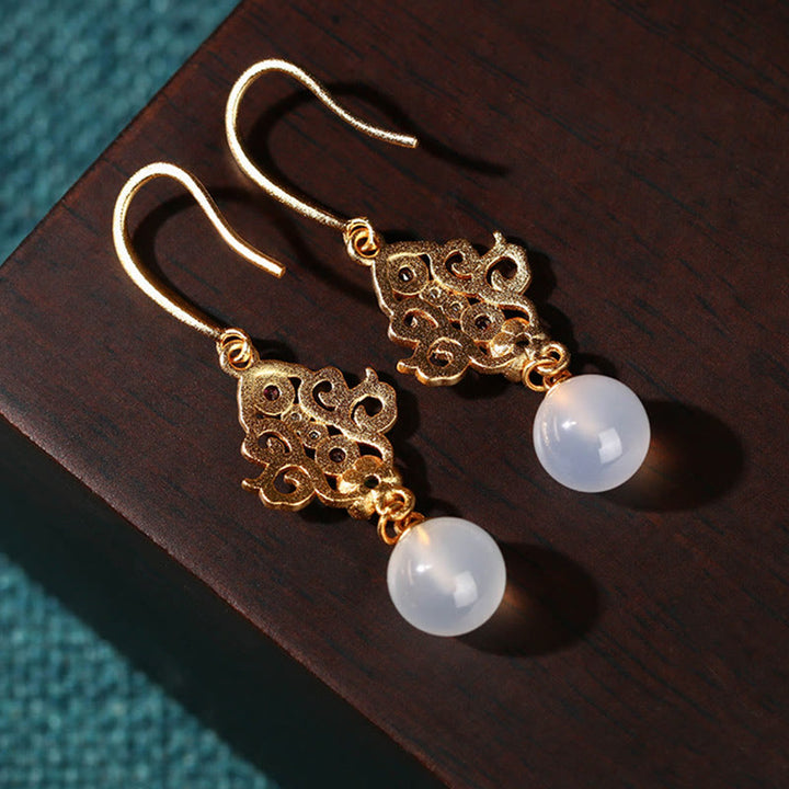 Buddha Stones 24K Gold Plated Round Chalcedony Positive Dangle Drop Earrings - image 4