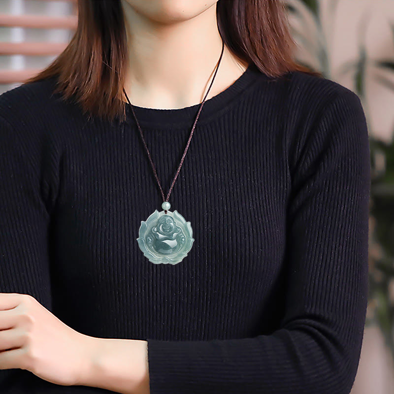 Buddha Stones Natural Jade Laughing Buddha Lotus Pattern Luck Necklace Pendant - image 6