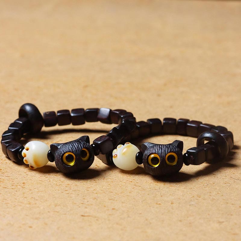 Buddha Stones Ebony Wood Cute Cat Bodhi Seed Paw Claw Square Beads Calm Bracelet - image 3