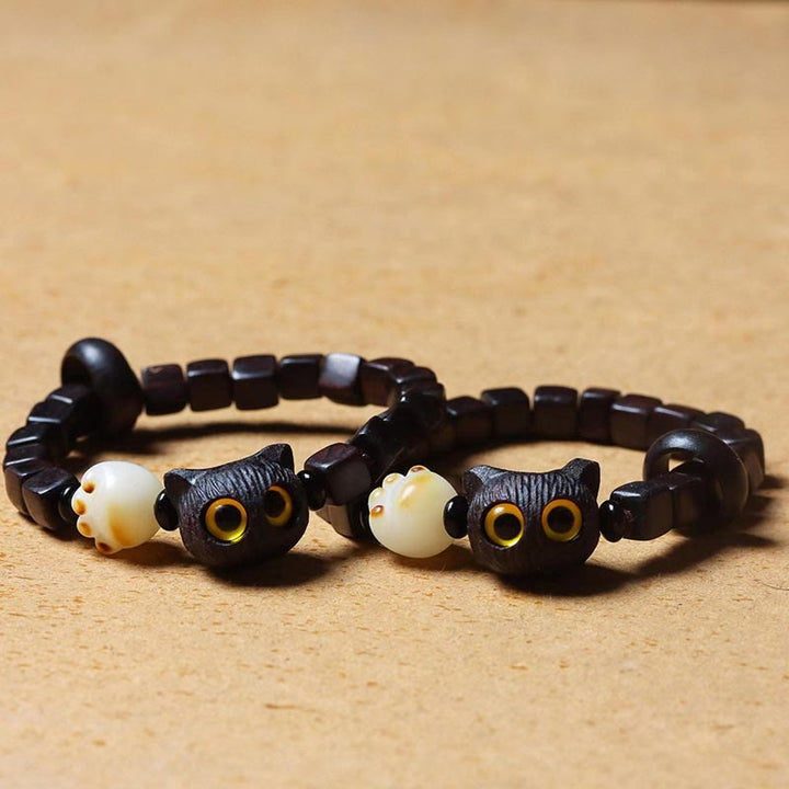 Buddha Stones Ebony Wood Cute Cat Bodhi Seed Paw Claw Square Beads Calm Bracelet - image 3