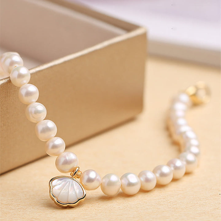 Buddha Stones 14K Gold Plated Natural Pearl Crystal Shell Charm Bead Bracelet - image 1